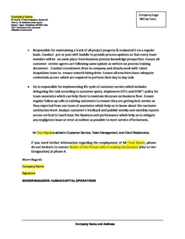 Employee Reference Letter for Visa in Google Docs, Word, Pages